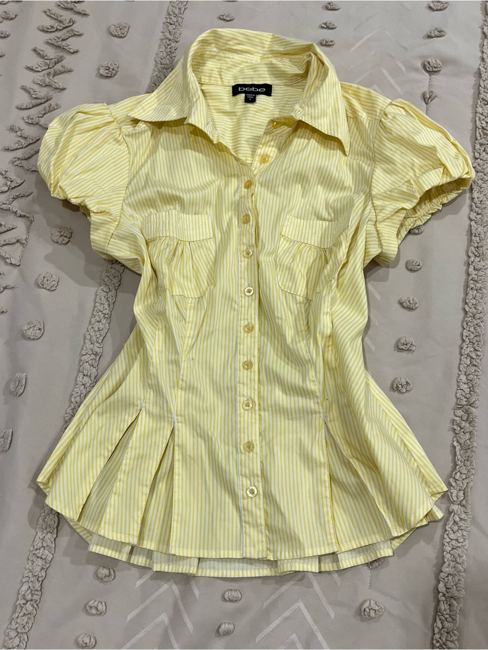 bebe Pale Yellow Striped Puff Sleeve Button-Down Top